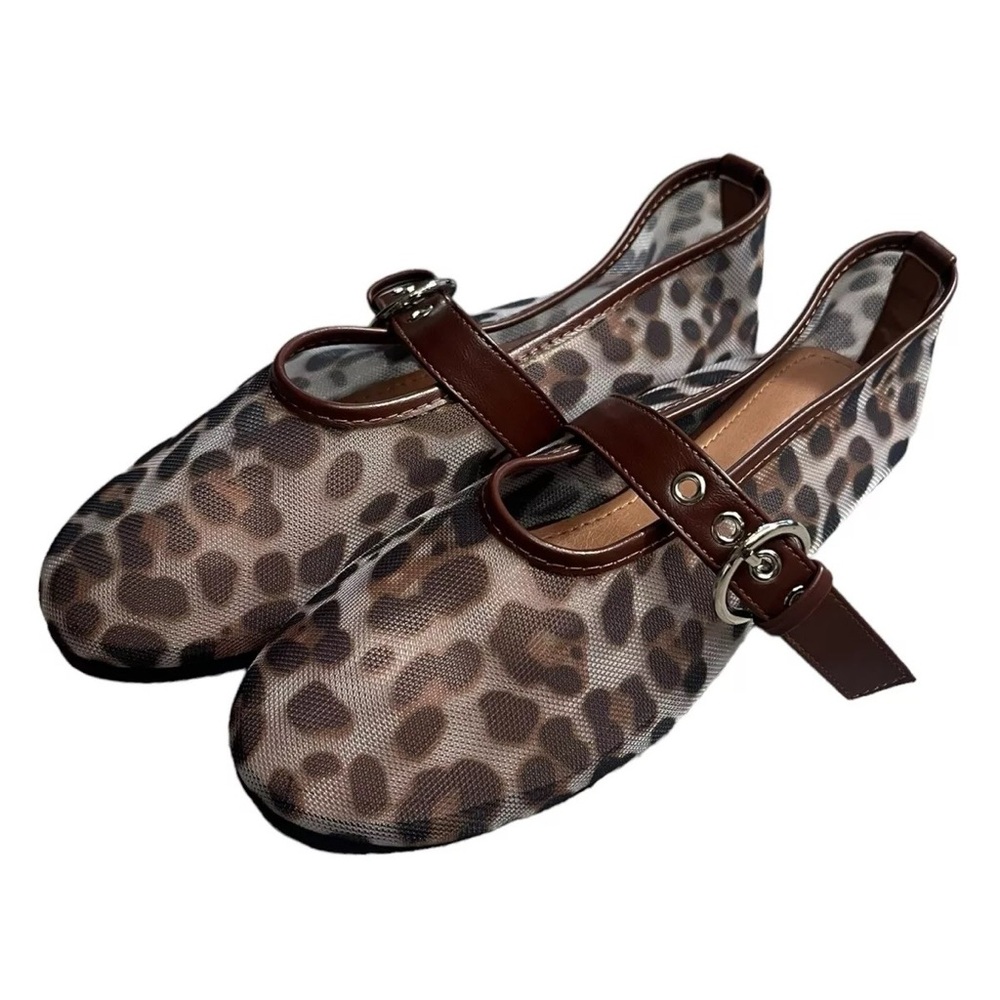 Womens Flat Leopard Mesh Ballet Slip On Mary Jane Casual Ballerina Shoes